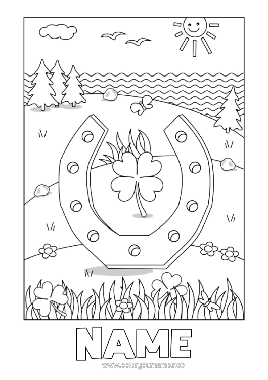 Coloring page to print Sun Luck Clover Ireland Horseshoe Saint Patrick's Day