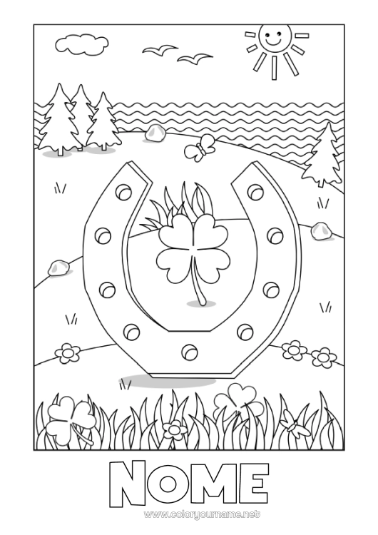 Página de desenho para imprimir Sol Sorte Trevo Irlanda Ferradura Dia de São Patrício