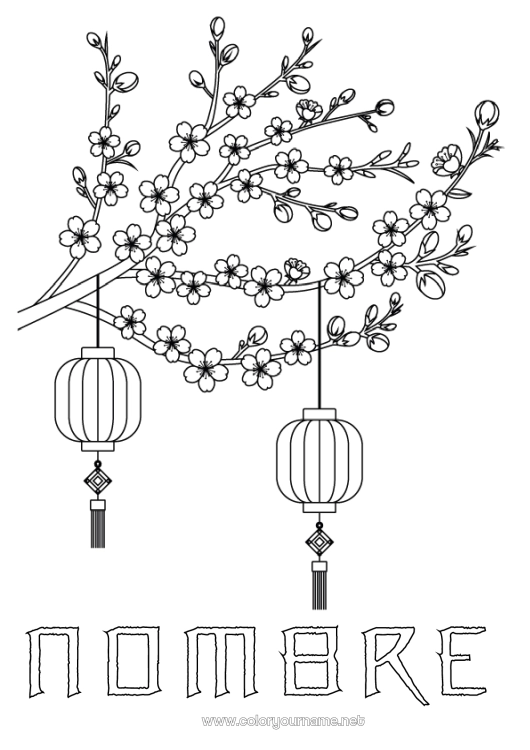 Dibujo para colorear para imprimir Linterna china Japón Árbol China Cerezo