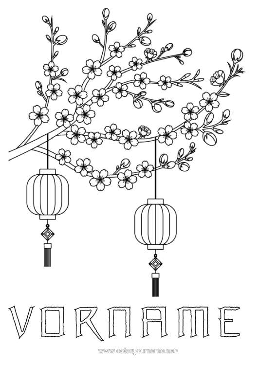 Malvorlage zum Ausdrucken Chinesische Laterne Japan Baum China Kirschbaum