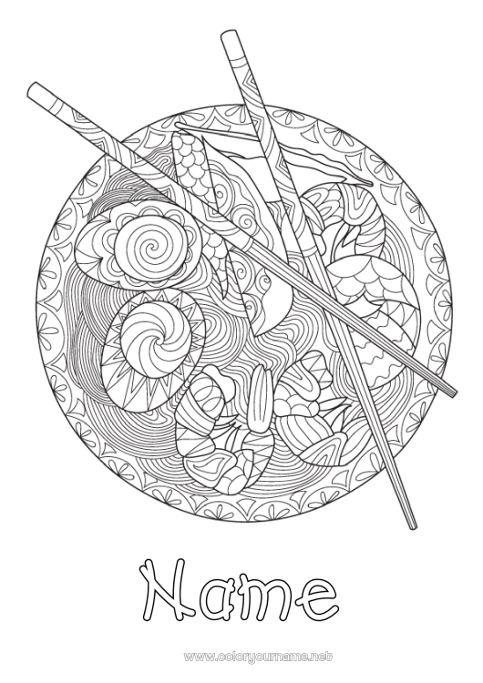 Coloring page to print Food Japan Zentangle Egg Ramen