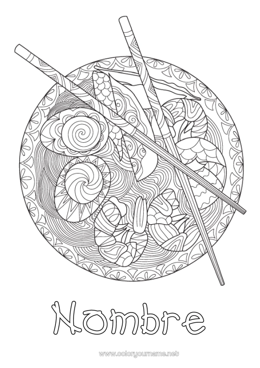 Dibujo para colorear para imprimir Alimento Japón Zentangle Huevo Ramen