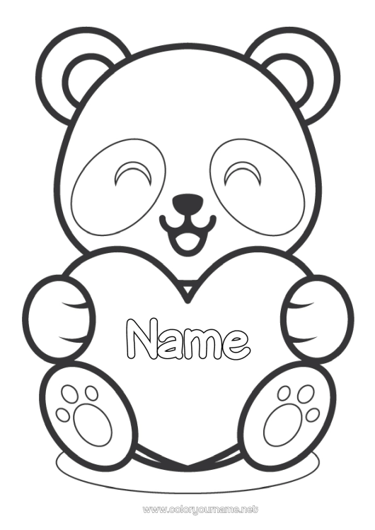 Coloring page to print Cute Heart Kawaii I love you Animal Panda Big heart Easy coloring pages Other animals of the world