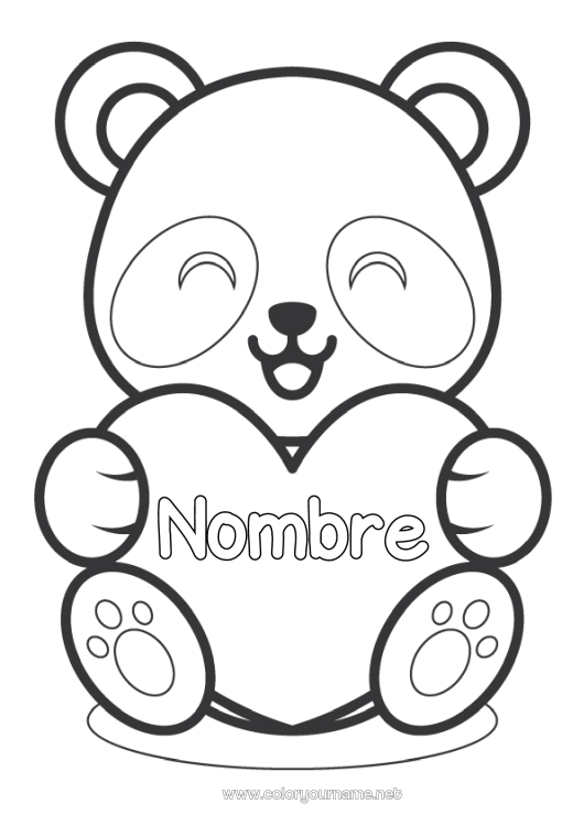 Dibujo para colorear para imprimir Lindo Corazón Kawaii Te amo Animales Panda Gran corazón Dibujos fáciles para colorear Otros animales del mundo