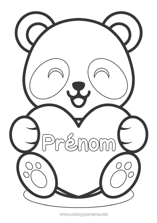 Coloriage à imprimer Mignon Coeur Kawaii Je t'aime Animal Panda Grand coeur Coloriages faciles Autres animaux du monde