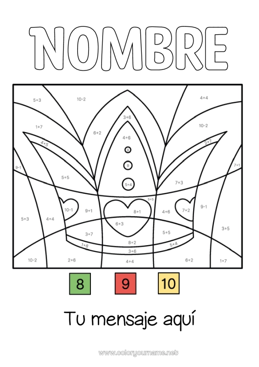 Dibujo para colorear para imprimir Colorear por números Corona Epifanía Sustracciones Adiciones Torta de los reyes