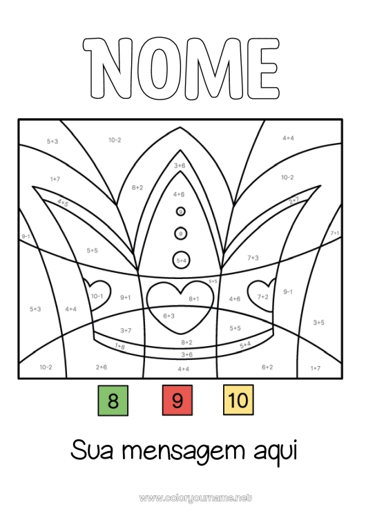 Página de desenho para imprimir Colorir por números Coroa Epifania Subtrações Adições Bolo dos Reis