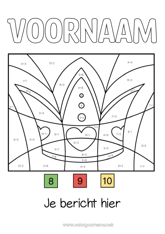 Kleurplaat om af te drukken Kleuren op nummer Kroon Driekoningen Aftrekkingen Optellingen Driekoningen cake