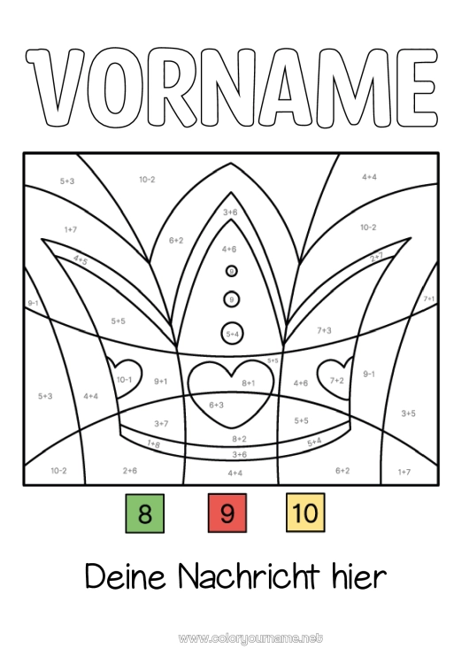 Malvorlage zum Ausdrucken Malen nach Zahlen Krone Epiphanie Subtraktionen Additionen Dreikönigskuchen