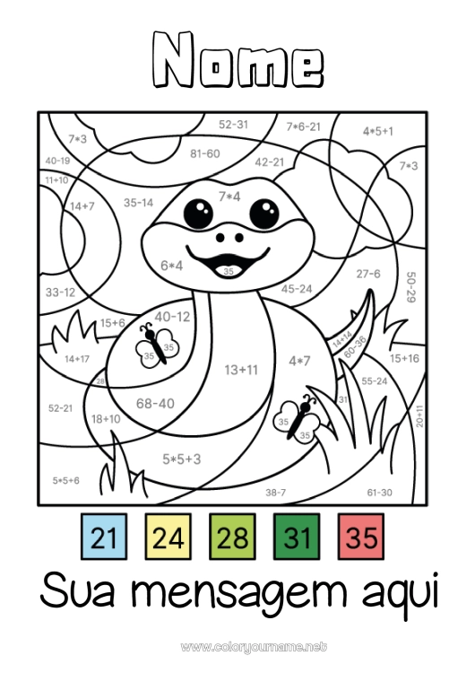 Página de desenho para imprimir Colorir por números Serpente Subtrações Multiplicações Adições Répteis