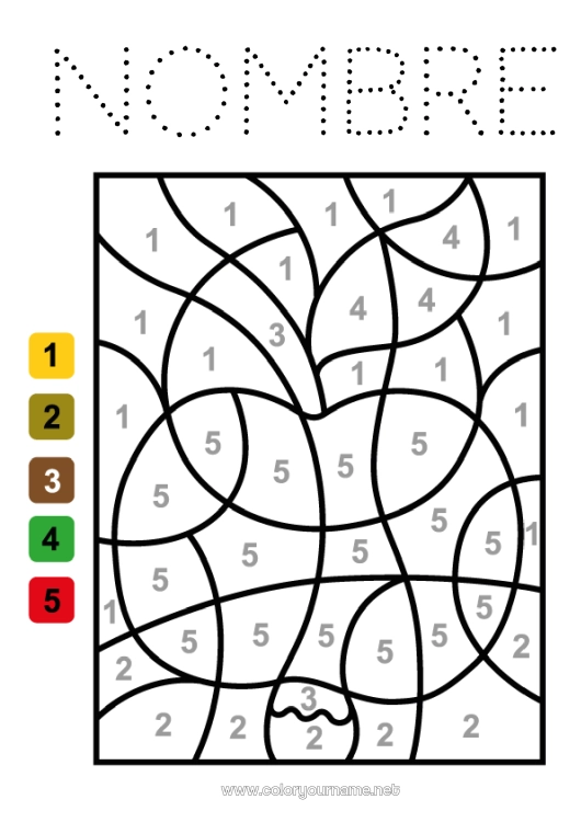 Dibujo para colorear para imprimir Número Colorear por números Actividades para niños Frutas Dibujos fáciles para colorear Manzana