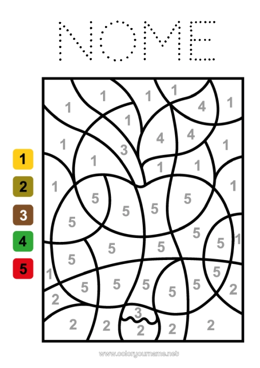 Página de desenho para imprimir Número Colorir por números Atividades para Crianças Frutas Desenhos para colorir fáceis Maçã