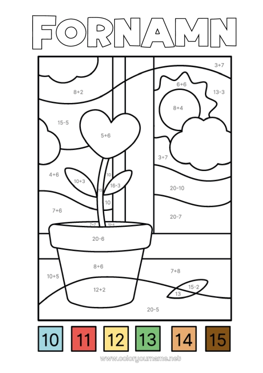 Färgläggningssida att skriva ut Blommor Hjärta Sol Magiska målarbilder Subtraktioner Tillägg Fönster