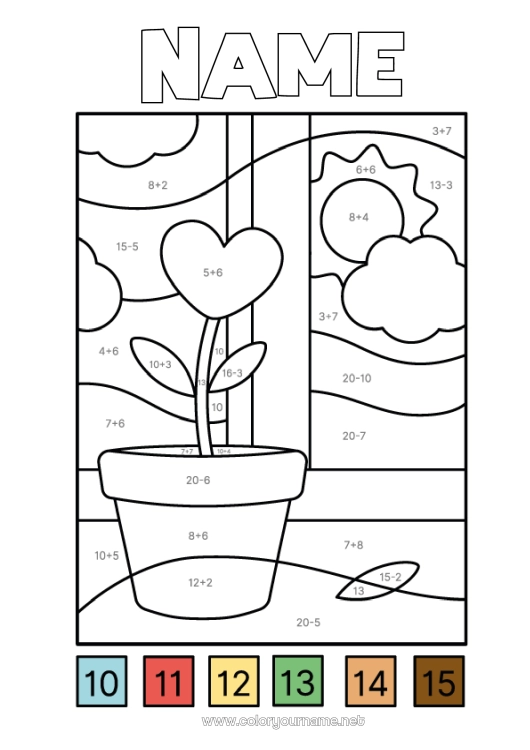 Coloring page to print Flowers Heart Sun Coloring by numbers Subtractions Additions Windows