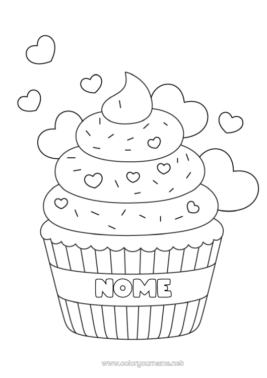 Página de desenho para imprimir Bolo Coração Eu te amo Comida Guloseimas, doces Cupcake