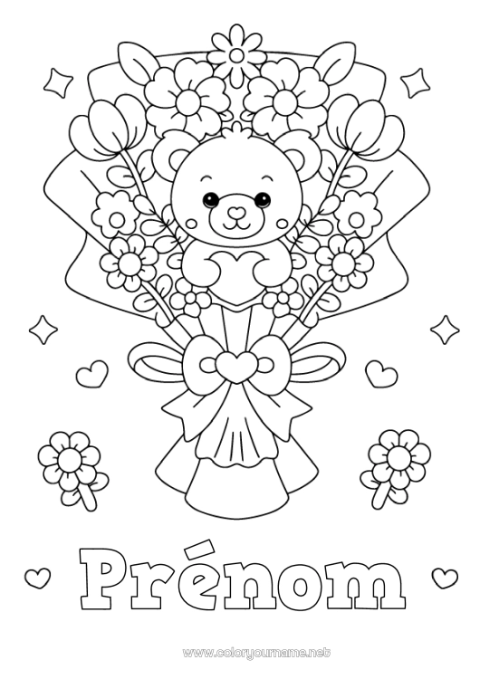 Coloriage à imprimer Fleurs Coeur Kawaii Nounou Jeux et jouets Peluche Bouquet