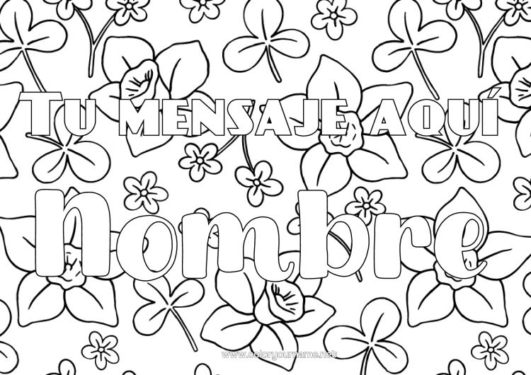 Dibujo para colorear para imprimir Flores Primavera Trébol Nombre decorado Narcisos Fondo decorativo