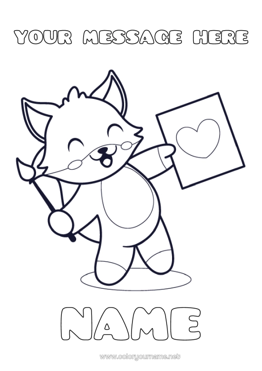 Coloring page to print Cute Heart Art Fox Brush Forest animals