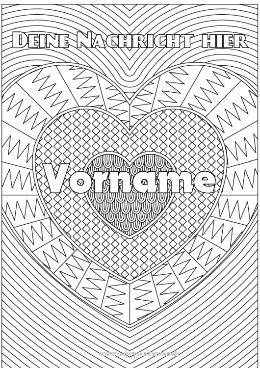 Malvorlage zum Ausdrucken Herz Ich liebe dich Dekorierter Name Komplexe Ausmalbilder Zentangle Dekorativer Hintergrund