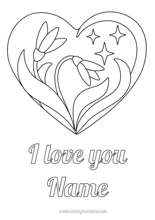 Coloring page to print Flowers Heart I love you Big heart Stars