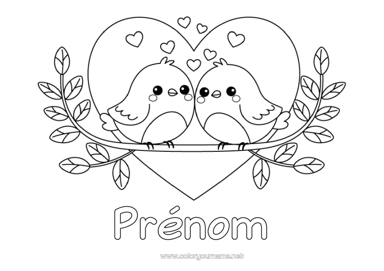 Coloriage à imprimer Coeur Oiseau Je t'aime Animal Saint valentin Oiseaux et mammifères volants