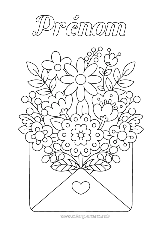 Coloriage à imprimer Fleurs Coeur Printemps Enveloppe