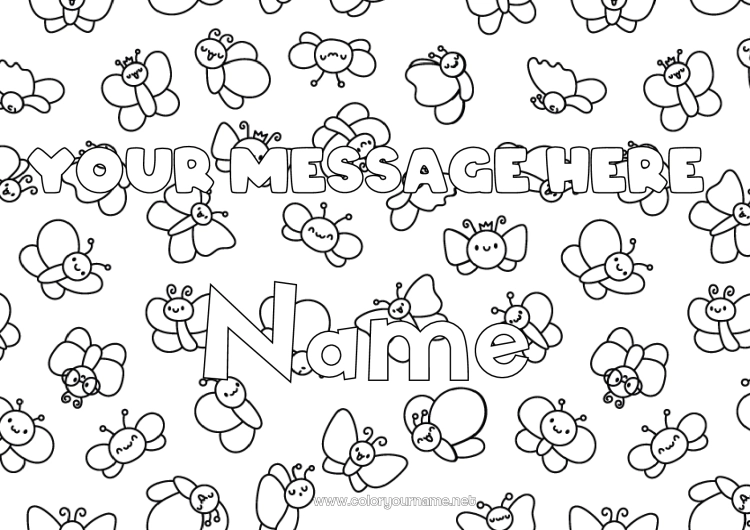 Coloring page to print Spring Butterfly Animal Decorated name Insects Decorative background