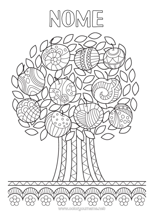 Página de desenho para imprimir Árvore Frutas Zentangle Maçã Macieira