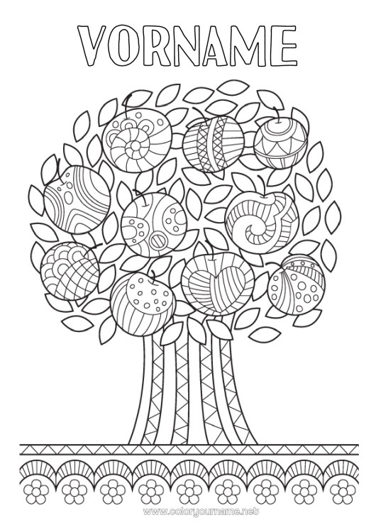 Malvorlage zum Ausdrucken Baum Früchte Zentangle Apfel Apfelbaum