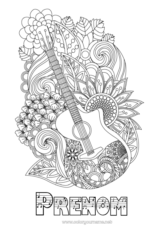 Coloriage à imprimer Fleurs Musique Zentangle Fête de la musique Guitare Instruments de musique