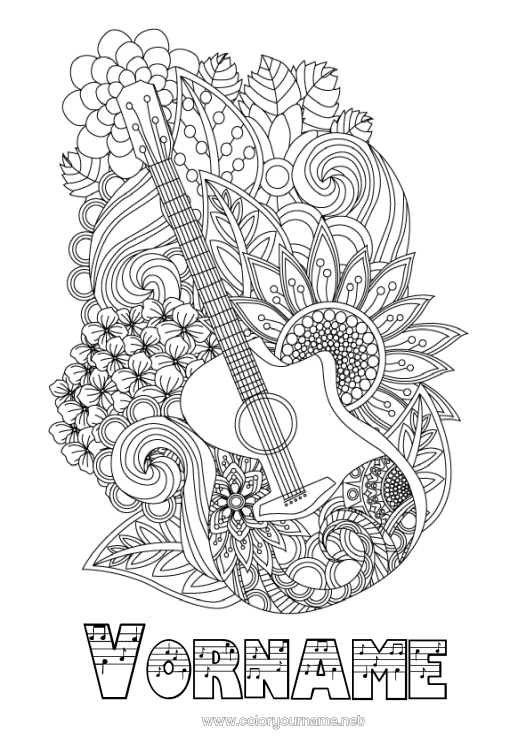 Malvorlage zum Ausdrucken Blumen Musik Zentangle Musikfest Gitarre Musikinstrumente