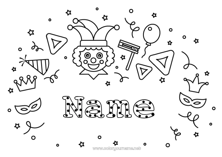 Coloring page to print Mask Party Clown Crown Carnival Shrove Tuesday Harlequin