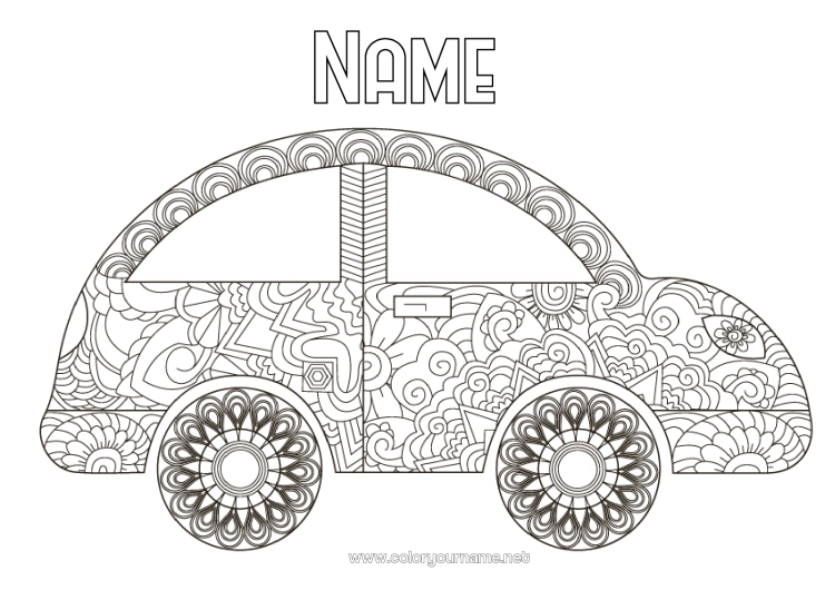 Coloring page to print Vehicles Car Zentangle Cars, vans, and motorhomes