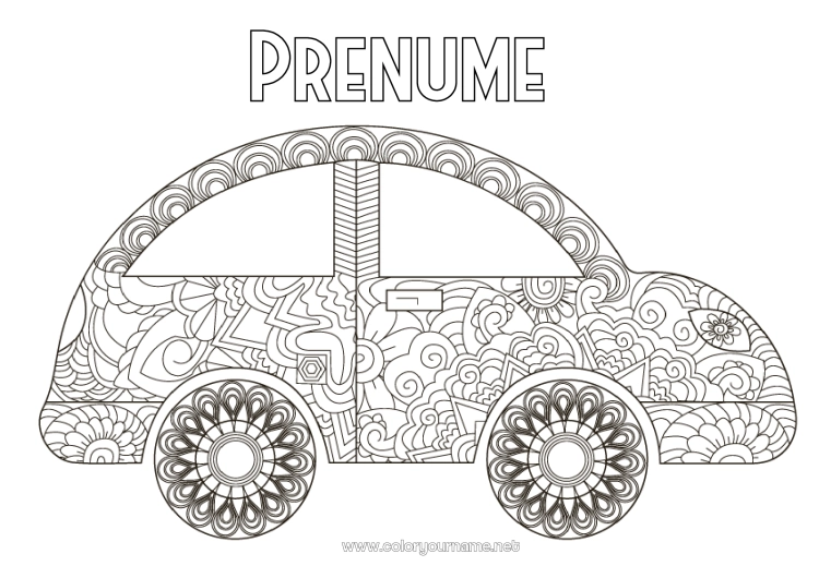 Pagină de colorat de imprimat Vehicule Mașină Zentangle Mașini, furgonete și autorulote