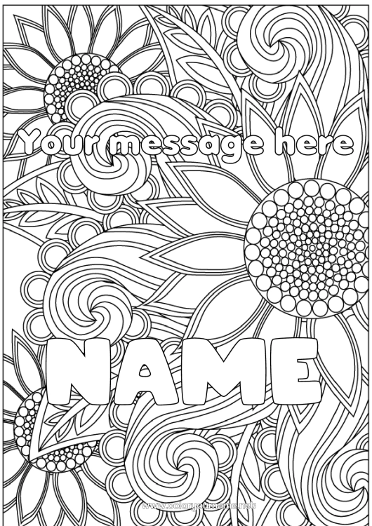 Coloring page to print Flowers Decorated name Sunflower Complex coloring pages Zentangle Decorative background