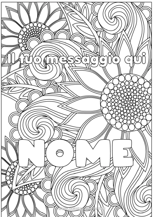 Pagina da colorare da stampare Fiori Nome decorato Girasole Colorazioni complesse Zentangle Sfondo decorativo