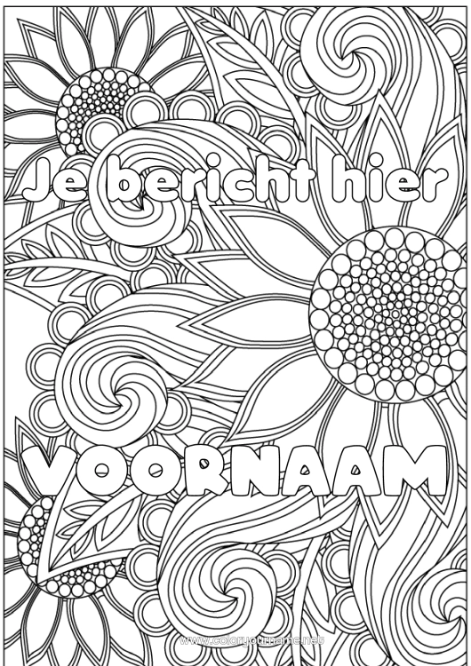 Kleurplaat om af te drukken Bloemen Gedecoreerde naam Zonnebloem Complex Kleurplaten Zentangle Decoratieve achtergrond