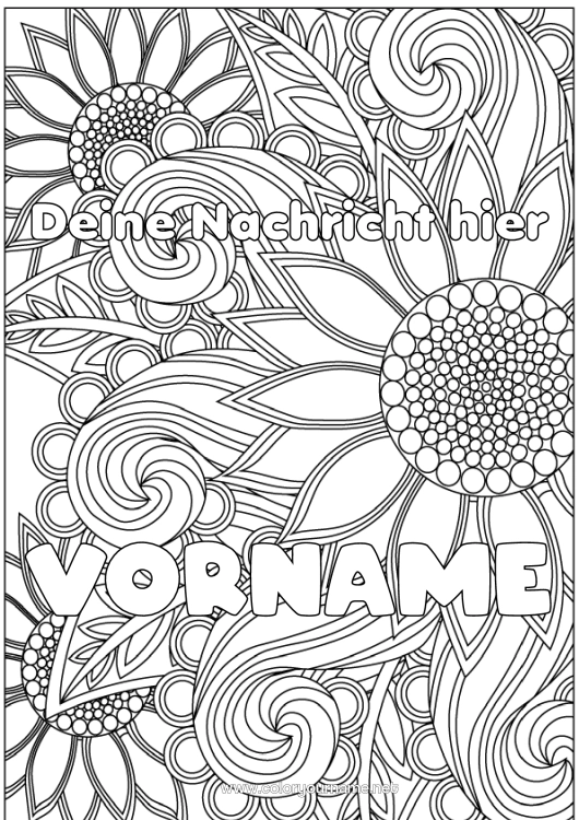 Malvorlage zum Ausdrucken Blumen Dekorierter Name Sonnenblume Komplexe Ausmalbilder Zentangle Dekorativer Hintergrund