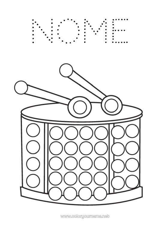 Página de desenho para imprimir Carnaval Música Marcadores de Pontos Festa da Música Instrumentos musicais Tambor