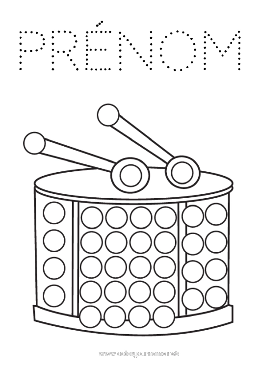 Coloriage à imprimer Carnaval Musique Marqueurs à points Fête de la musique Instruments de musique Tambour
