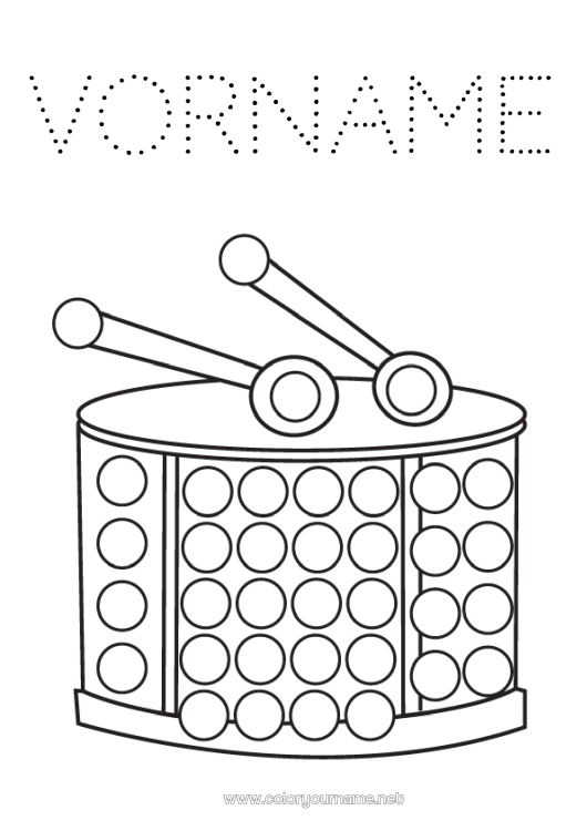 Malvorlage zum Ausdrucken Karneval Musik Punktmaler Musikfest Musikinstrumente Trommel