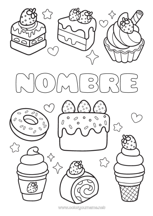 Dibujo para colorear para imprimir Tarta Kawaii Donuts Golosinas Helado Magdalena