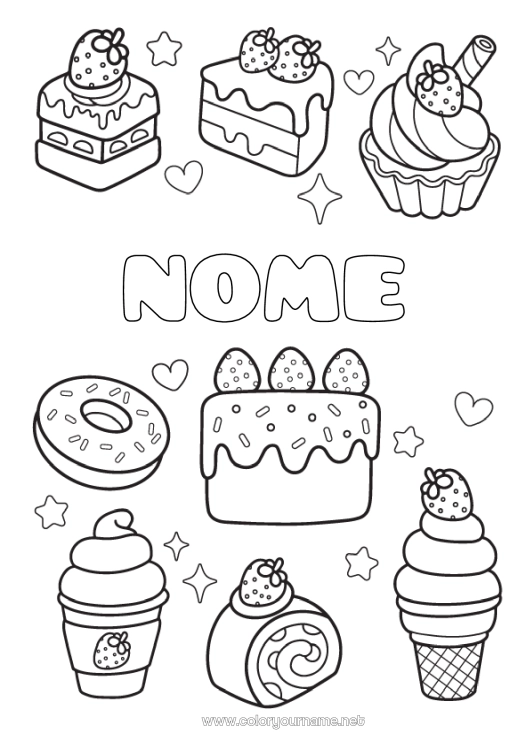 Página de desenho para imprimir Bolo Kawaii Rosquinhas Guloseimas, doces Sorvete Cupcake