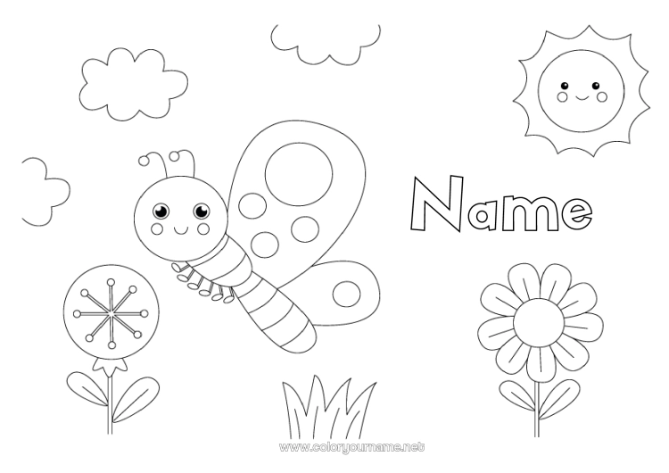 Coloring page to print Flowers Spring Sun Butterfly Animal Easy coloring pages Insects