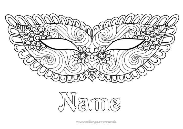 Coloring page to print Fancy dress Mask Carnival Zentangle