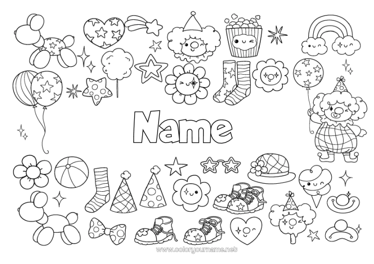 Coloring page to print Sport Party Clown Rainbow Hat Popcorn Treats Symbols Circus