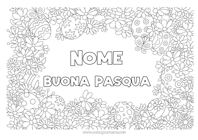 Pagina da colorare da stampare Fiori Primavera Farfalla Uova di Pasqua Pasqua Colorazioni complesse Insetti Cornice