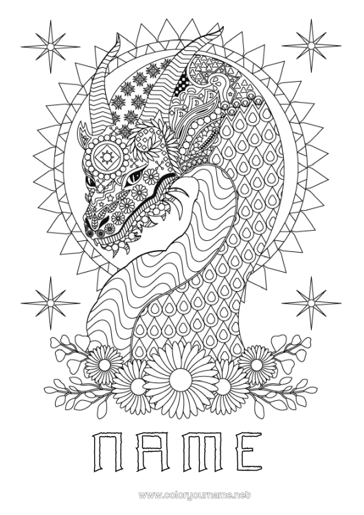 Coloring page to print Flowers Dragon Animal Complex coloring pages Zentangle Dragons, unicorns and fantastic animals