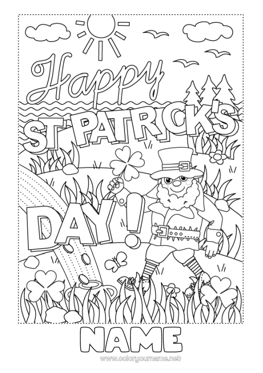 Coloring page to print Clover Ireland Saint Patrick's Day Leprechaun