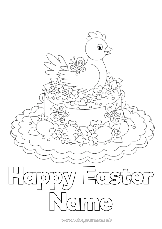 Coloring page to print Hen Butterfly Easter eggs Insects Farm animals Easter Bonnet